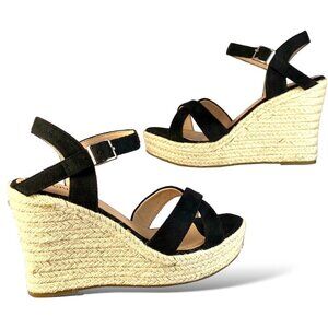 Vicki-Vicki Wedge Heel Sandals Womens 8 Black Suede Jute Ankle Strappy Platform